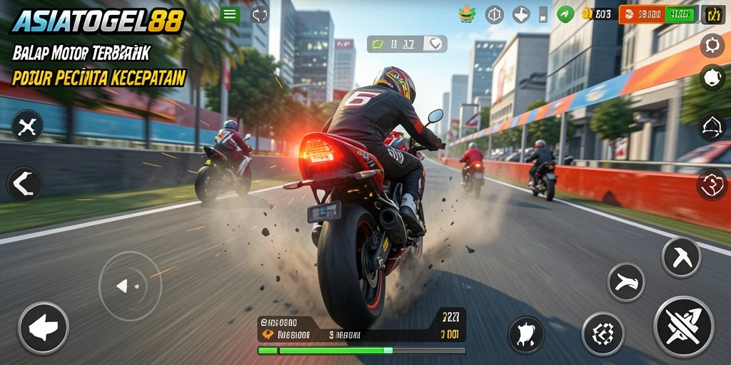 Screenshot dari gameplay ASIATOGEL88 yang menunjukkan balapan motor yang mendebarkan.