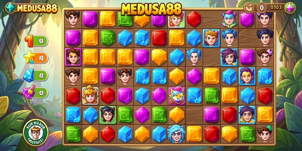 Menampilkan permainan seru Match-3 dalam MEDUSA88.